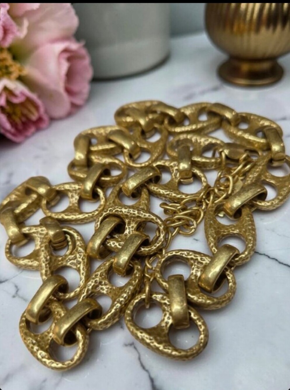 Matte Gold Plated Hammered Chunky Heavy Mariner Link Pignose Necklace